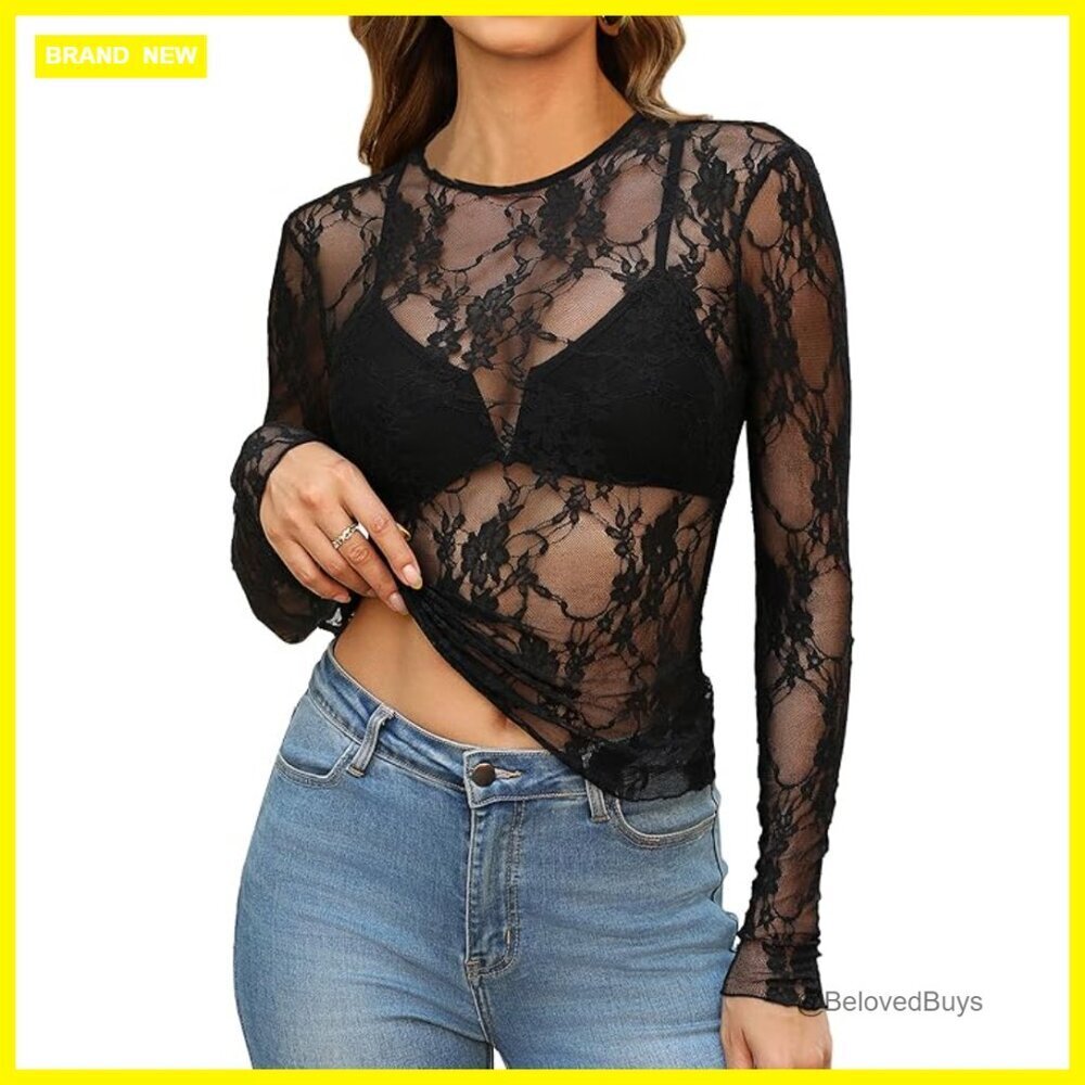Mesh Long Sleeve Lace Top Slim Fit Crewneck Blouse Sheer